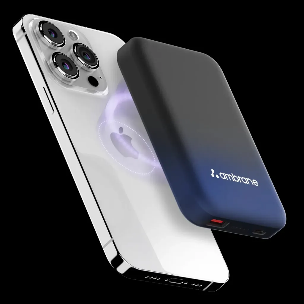 Ambrane Magsafe Wireless 10000Mah Fast Charging USB Type-C Input Power Bank, Strong Magnet, 22.5W Output For iPhone 12 & Above, Android & Other Qi Enabled Devices + Magnetic Ring (Aerosync Snap, Blue)