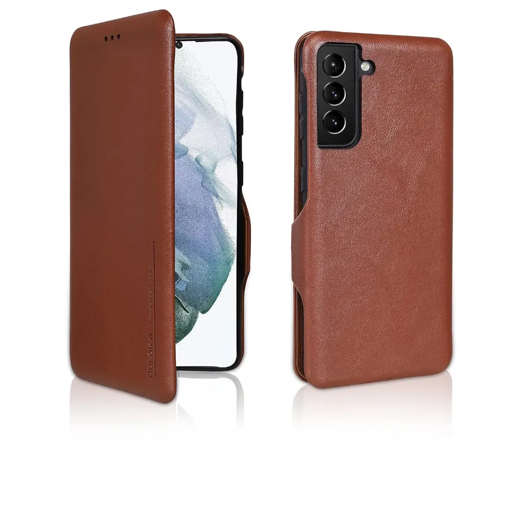 PULOKA for Samsung Galaxy S24 - Sleek Flip Case - Premium Vegan Leather Phone Cover with Card Slot - Slim, Durable, Privacy Protection - Kickstand Function - Elegant Flip Wallet Cases - Brown