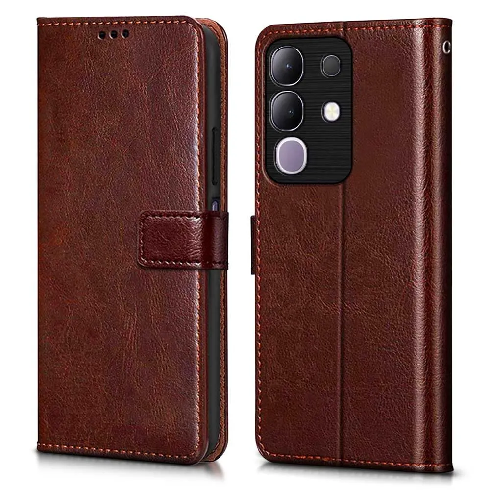 WOW IMAGINE Shock Proof Flip Cover Back Case Cover for Vivo T4x 5G | iQoo Z10x 5G | Vivo Y31 Pro 5G (Flexible | Leather Finish | Card Pockets Wallet & Stand | Chestnut Brown)