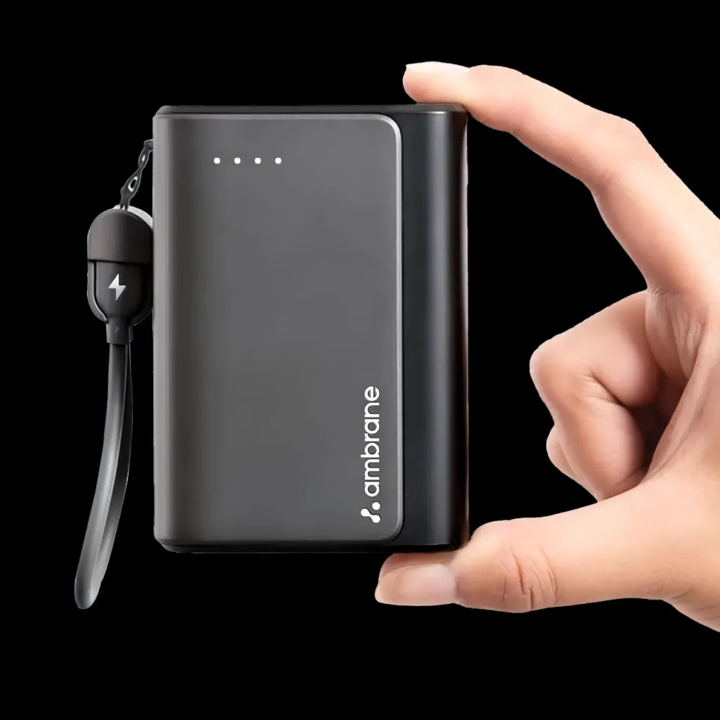 Ambrane 20000mAh 35W Fast Charging Small Pocket Size Powerbank, Hanging InBuilt Type C Cable, Type C PD & USB Output for iPhone, Android Mobiles & Other Devices (PowerMini 20, Black)
